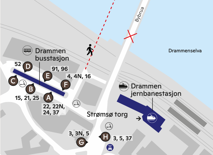 Oversikt over plattformer på Drammen busstasjon og Strømsø torg